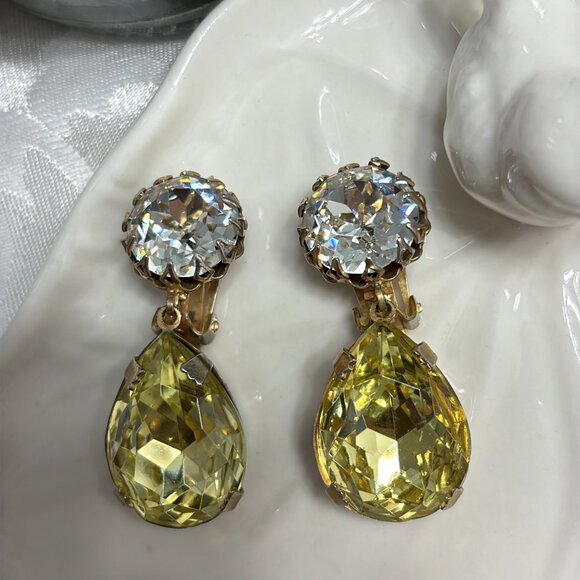 HATTIE CARNEGIE LARGE CITRINE TEARDROP CRYSTAL EARRINGS - Picture 6 of 10